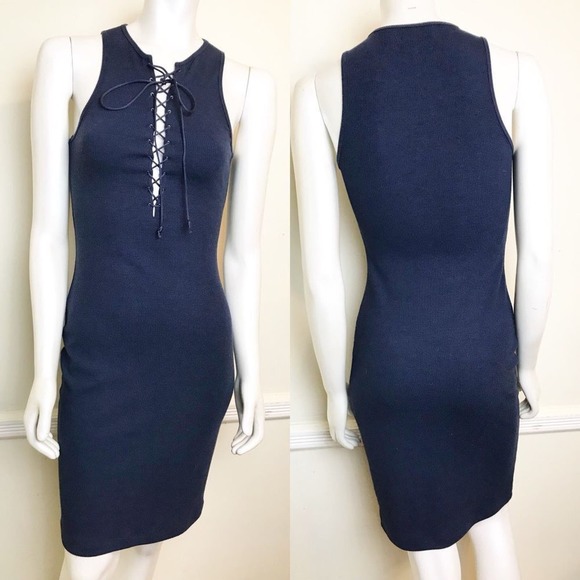 10 Crosby Derek Lam Tank Dress size XS Lace up Navy Blue Ribbed Knit Bodycon - Picture 1 of 6